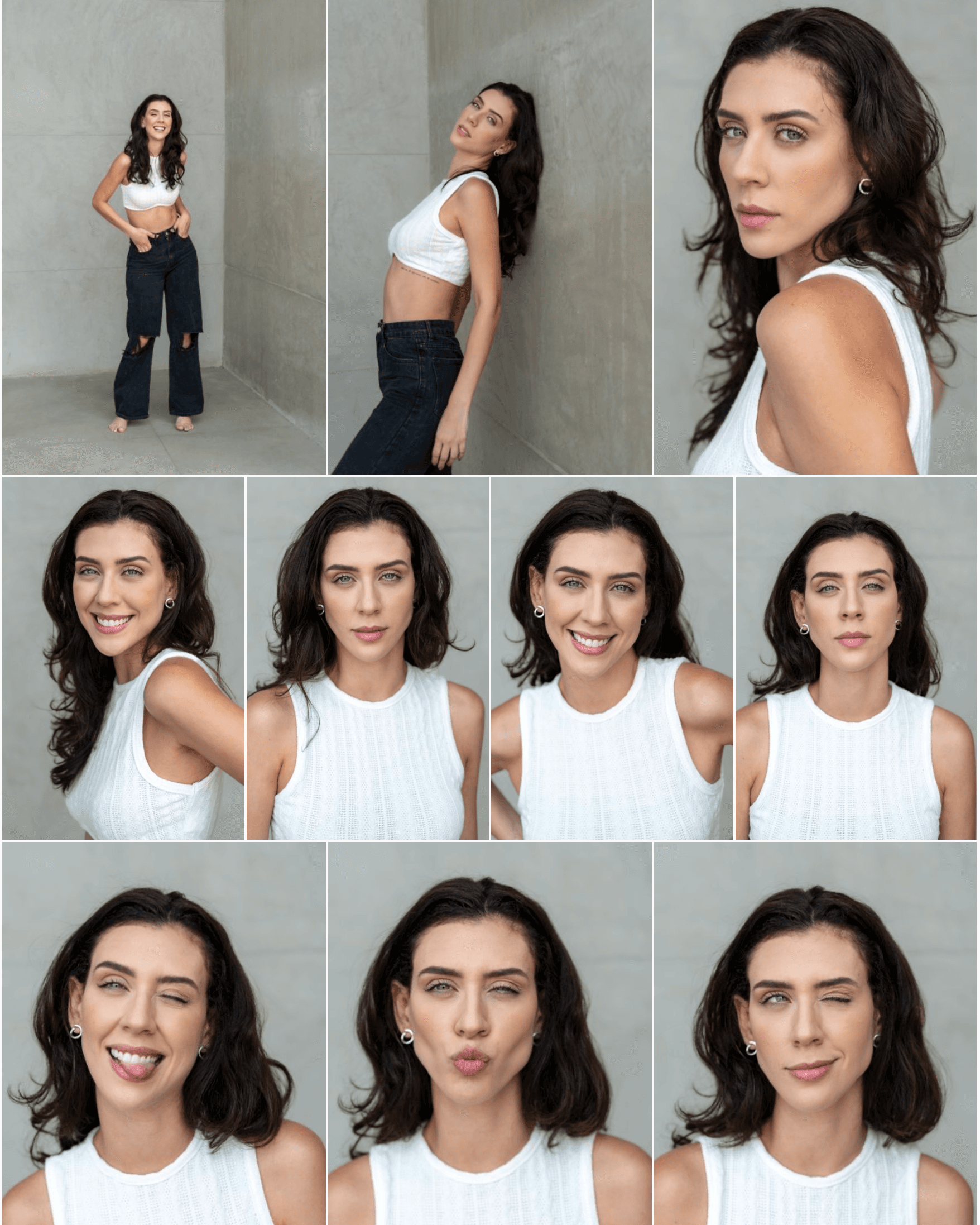 atriz com diversas expressões faciais para portfólio artístico